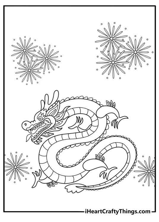 Chinese dragon with fireworks in the background coloring page for kids