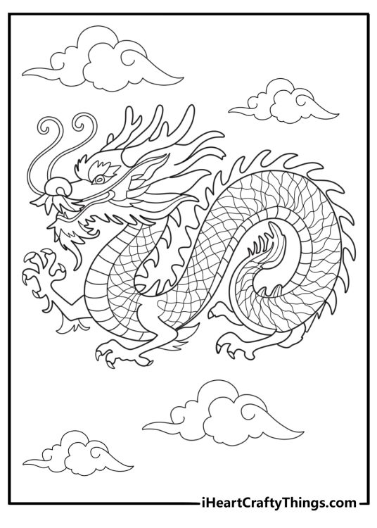 Chinese dragon with long whiskers traditional style coloring sheet
