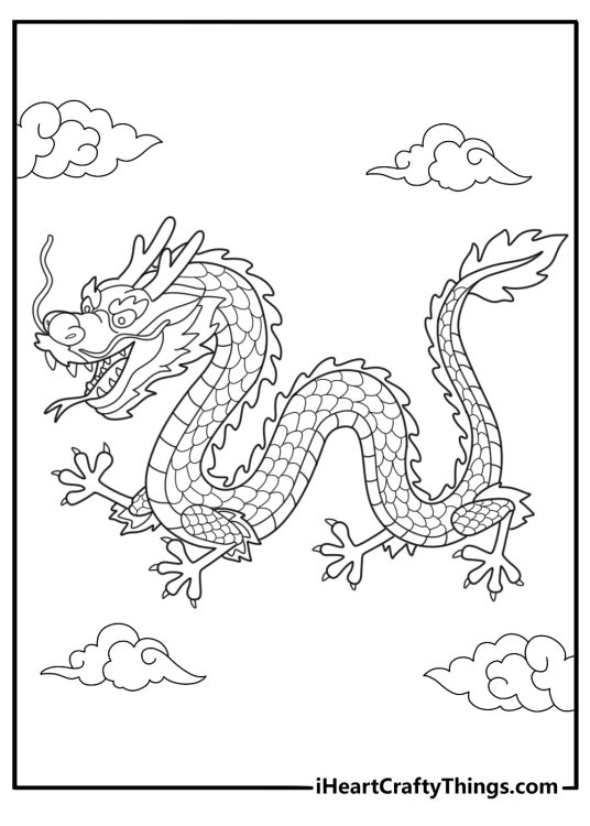 Chinese dragon with scales and horns detailed coloring page
