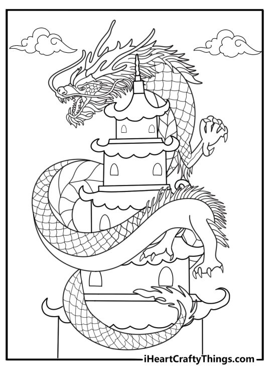 Chinese dragon wrapping around a pagoda easy coloring sheet