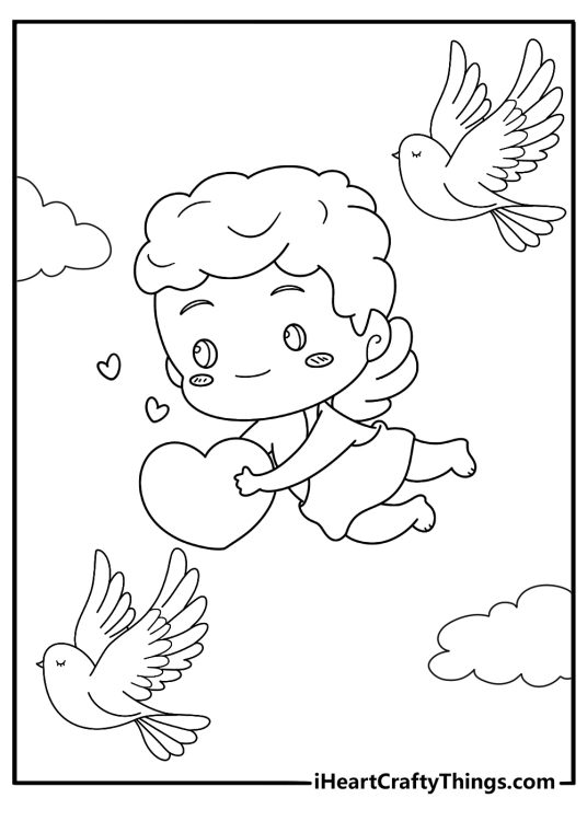 Cupid and dove flying together coloring sheet for kids