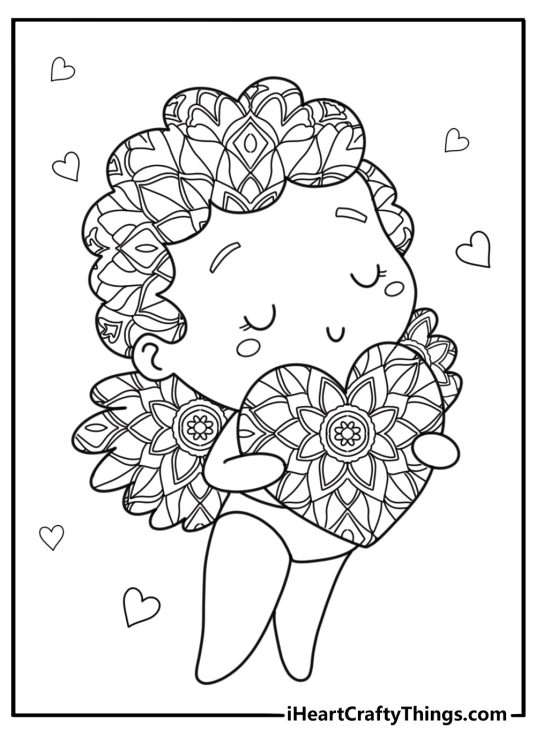 Cupid and heart mandala detailed coloring page for adults
