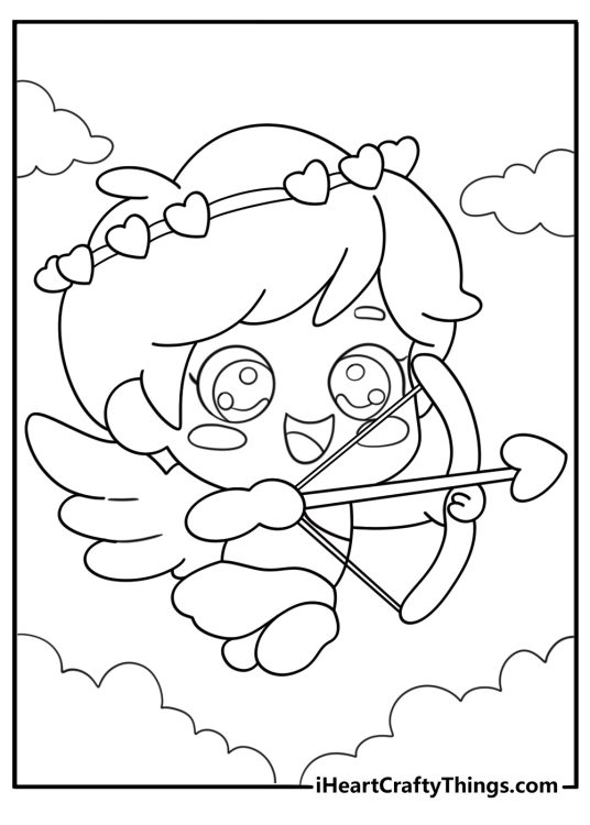 Cupid and heart wreath kawaii cartoon coloring page