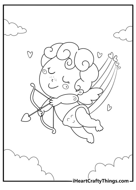 Cupid and rainbow heart trail coloring sheet
