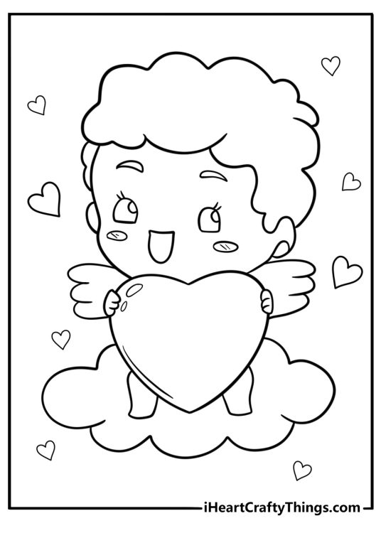 Cupid carrying stack of valentines coloring sheet