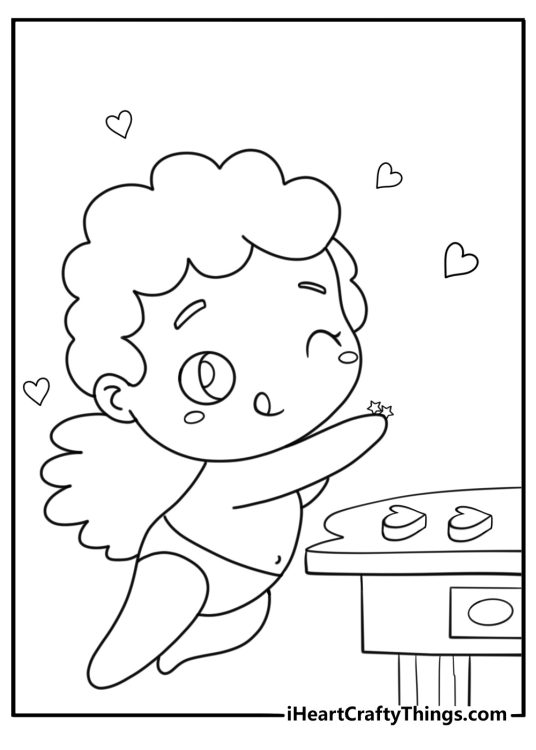 Cupid decorating a heart cookie coloring page