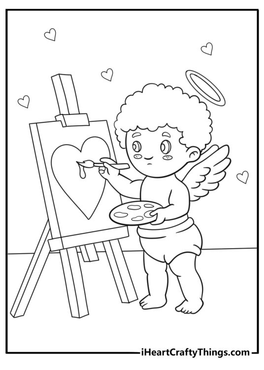 Cupid drawing on heart shaped canvas coloring sheet