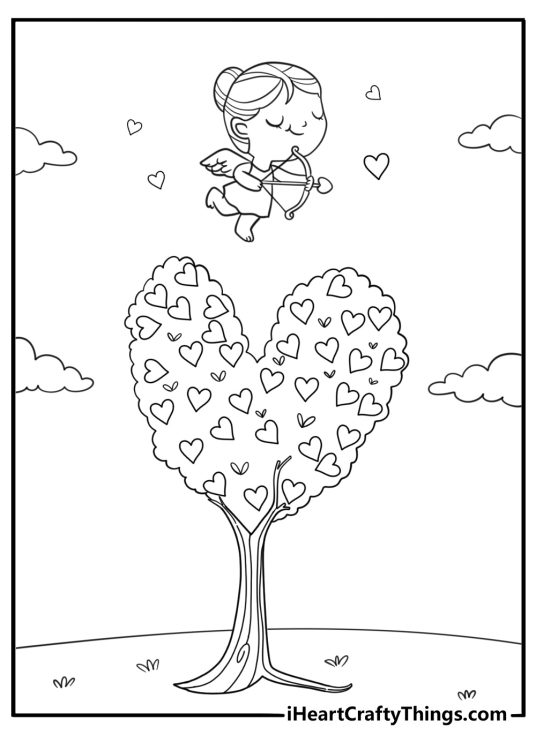 Cupid floating above heart tree easy coloring sheet