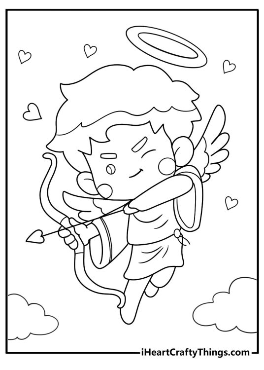 Cupid flying with heart arrow coloring page for kids