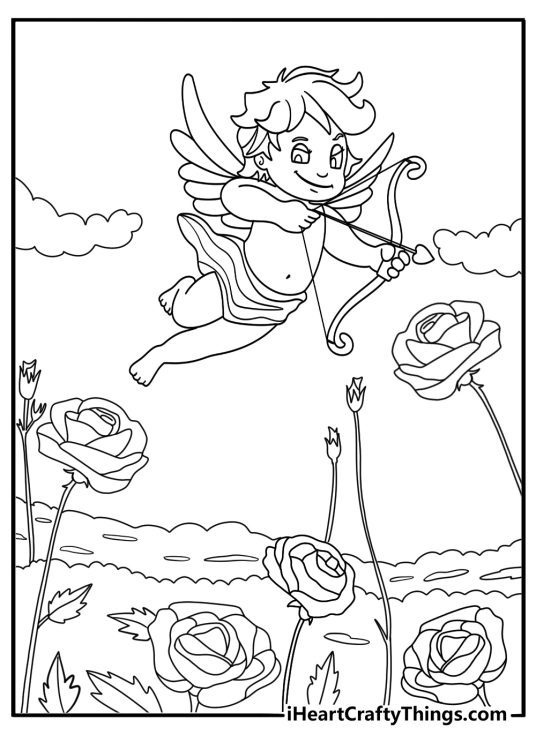 Cupid in a field of roses coloring page