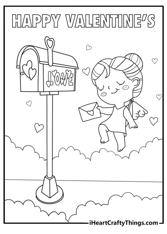 Cupid near mailbox full of valentines coloring page