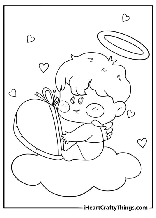 Cupid next to heart shaped gift coloring sheet