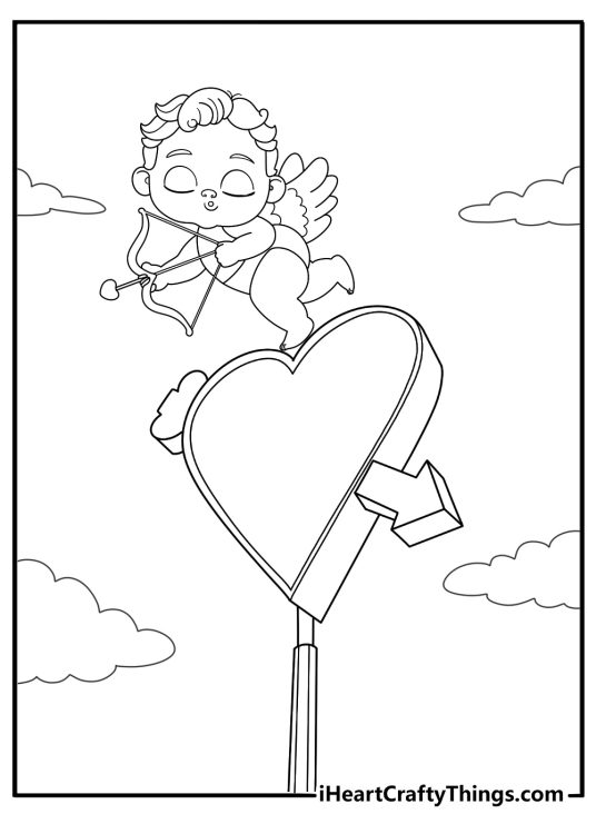 Cupid on top of a heart tower coloring sheet