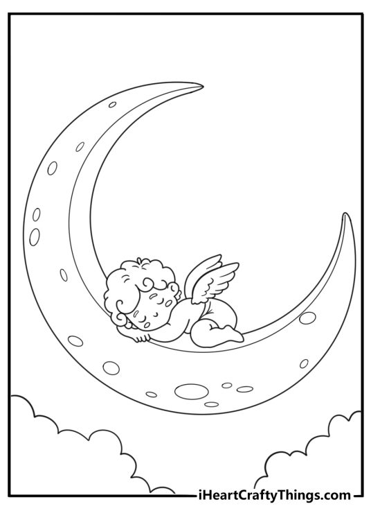Cupid resting on a crescent moon coloring page for kids