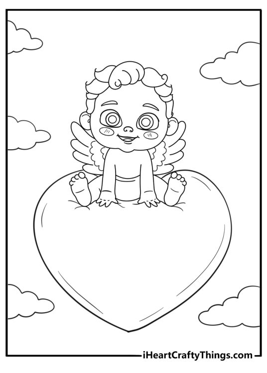 Cupid riding a heart shaped balloon easy coloring page