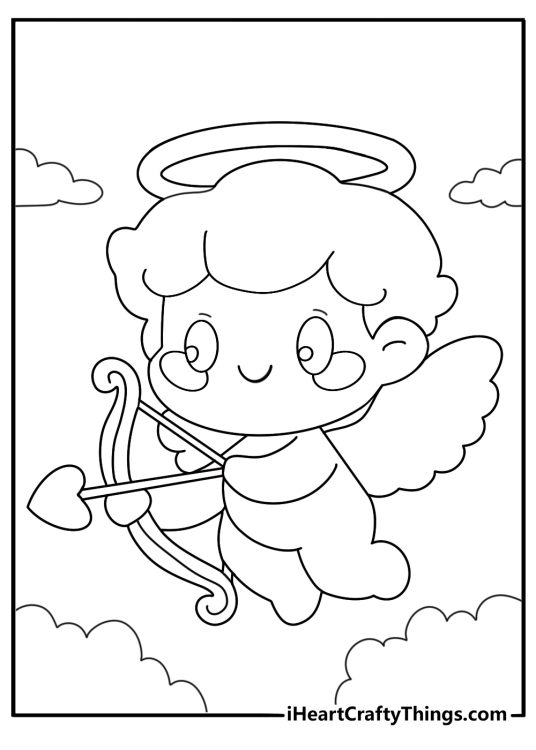 Cupid shooting arrow at hearts simple coloring page