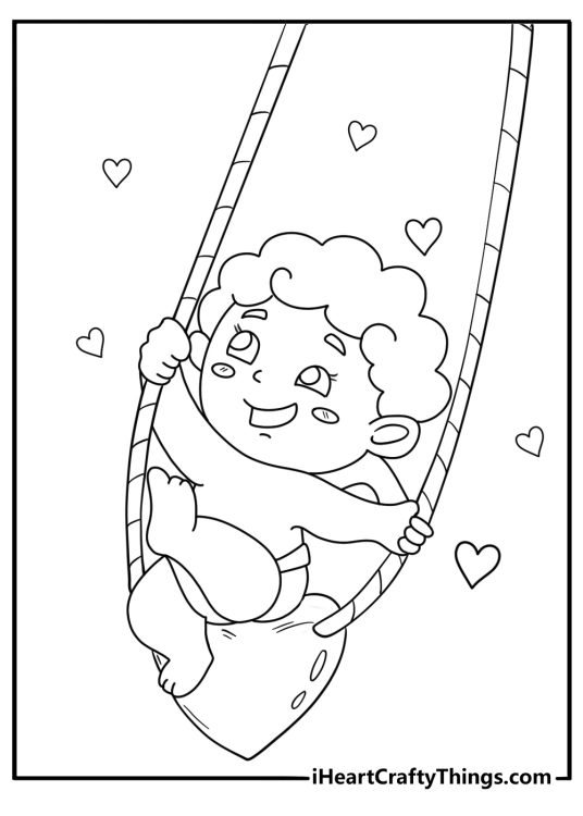 Cupid sitting in heart shaped swing coloring page