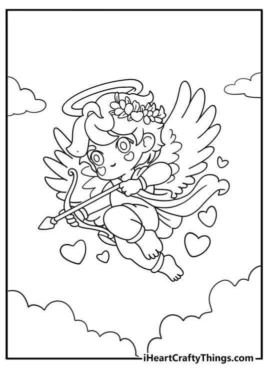 Cupid surrounded by floating hearts cartoon style coloring sheet