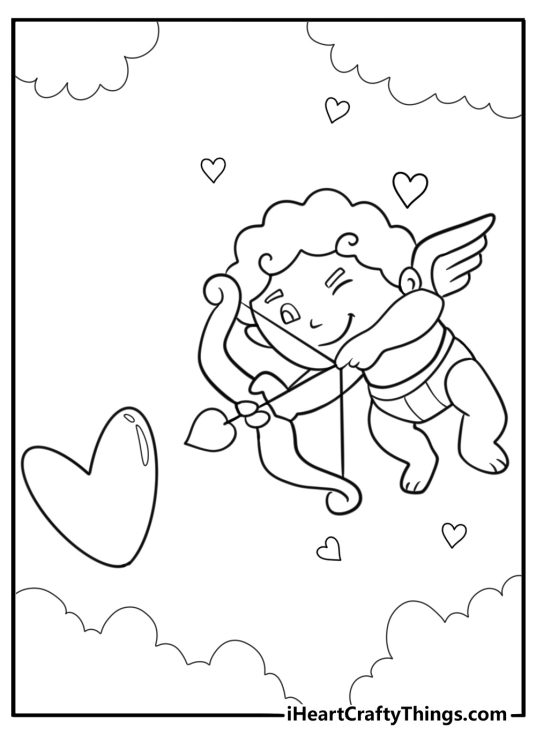 Cupid with arrow target shaped like heart coloring page