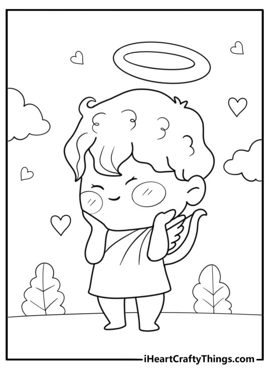 Cupid with curly hair and tiny wings coloring page for kids