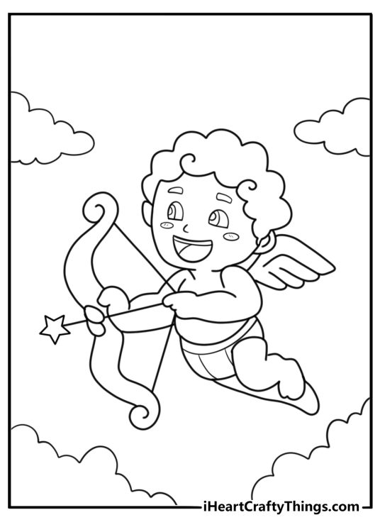 Cupid with star tipped arrow cartoon style coloring sheet
