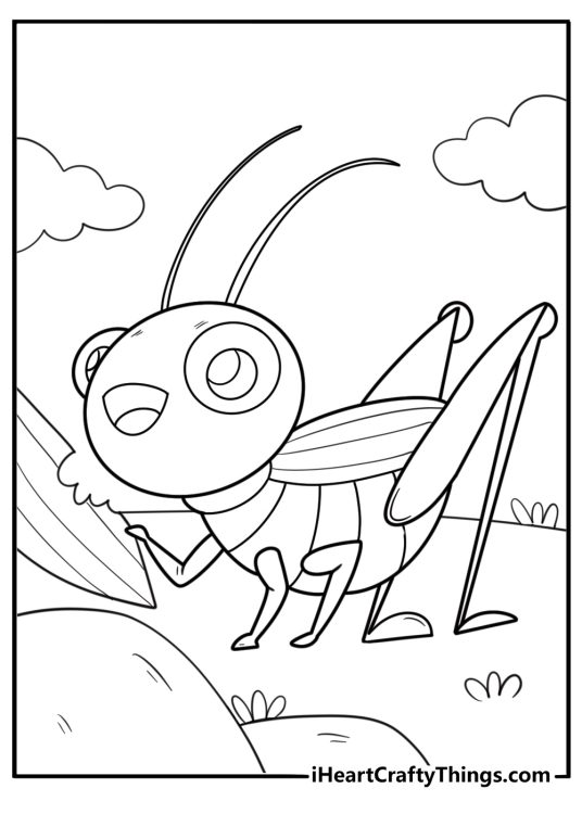 Cute grasshopper with big eyes kawaii style coloring page