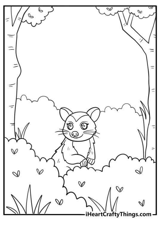 Cute opossum peeking out of a bush kawaii style coloring page