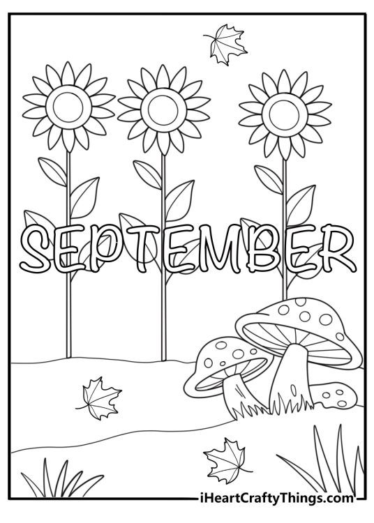 detailed word September design with sunflowers mushrooms and falling leaves coloring page for adults
