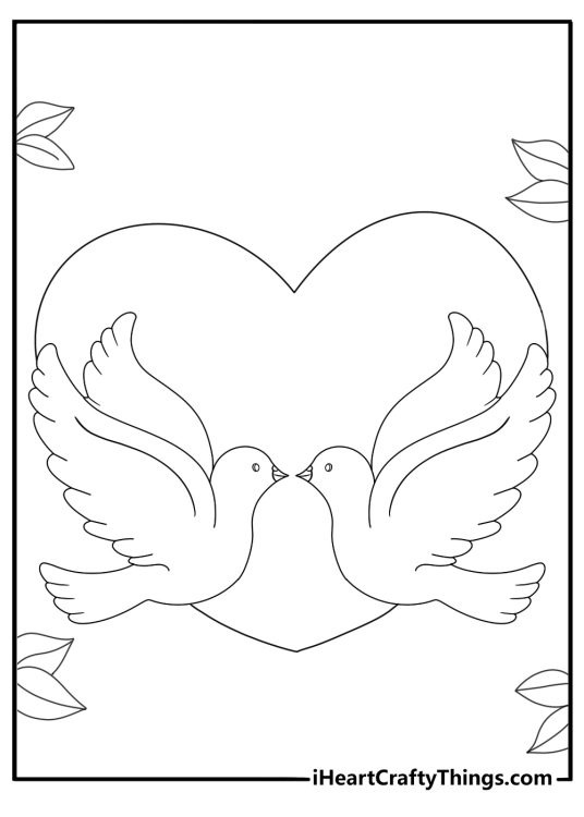 Dove and heart symbol of peace cartoon coloring sheet