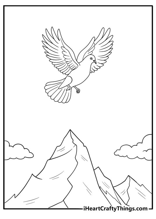 Dove flying over mountains detailed landscape coloring page