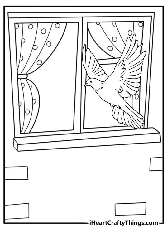 Dove flying toward a window peaceful moment coloring sheet