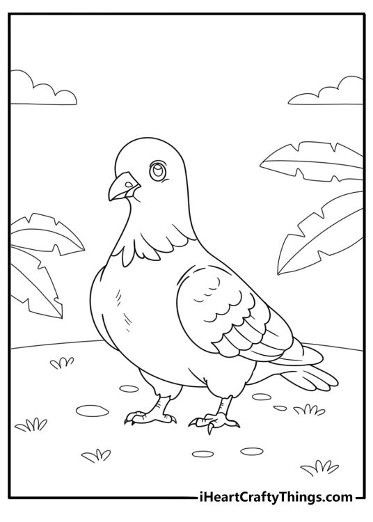 Dove landing in a garden kawaii style coloring sheet