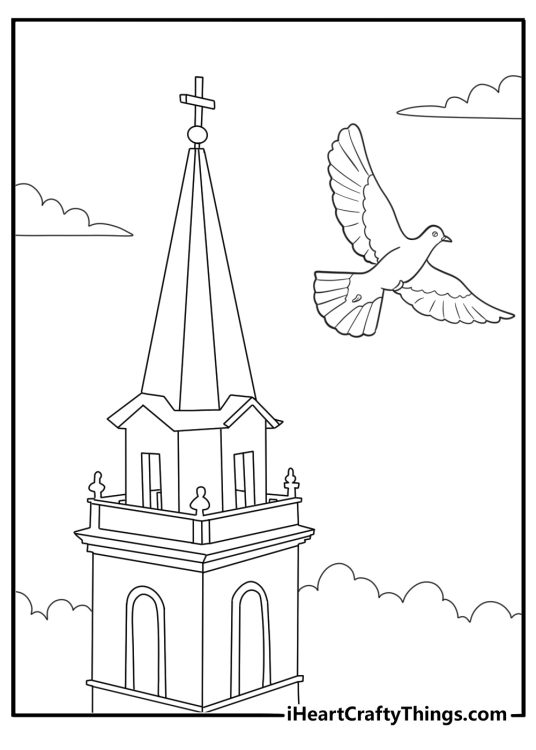 Dove near a church steeple peaceful coloring page