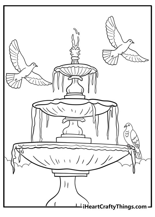 Dove sitting near a fountain garden themed coloring page