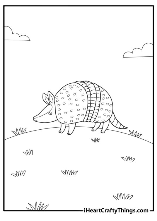 Easy cartoon armadillo on grassy hill coloring sheet