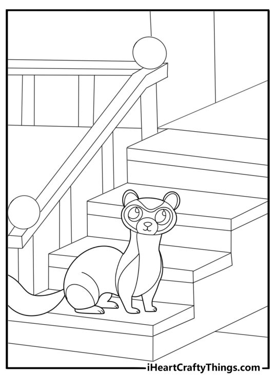 Ferret climbing stairs indoor scene coloring page