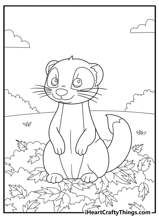 Ferret exploring a pile of leaves autumn coloring page