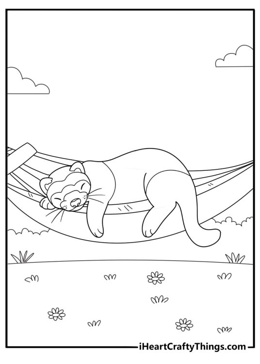 Ferret sleeping in a hammock kawaii style coloring page
