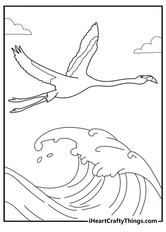 flamingo flying above ocean waves printable coloring sheet