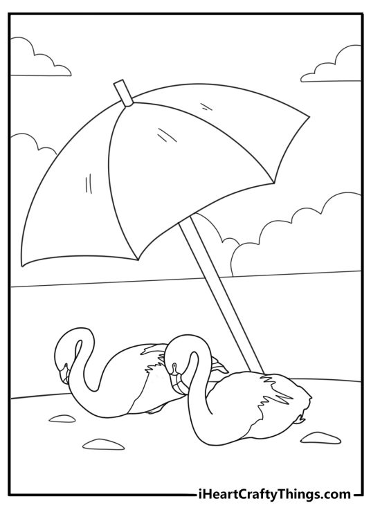 flamingo resting under a sun umbrella printable summer coloring page