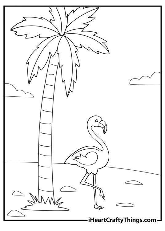 flamingo standing under palm trees tropical coloring page