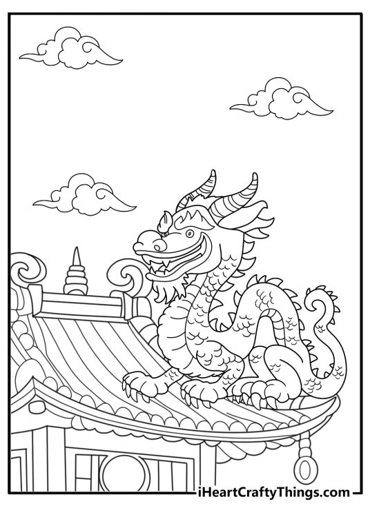 Flying chinese dragon above temple rooftops coloring sheet