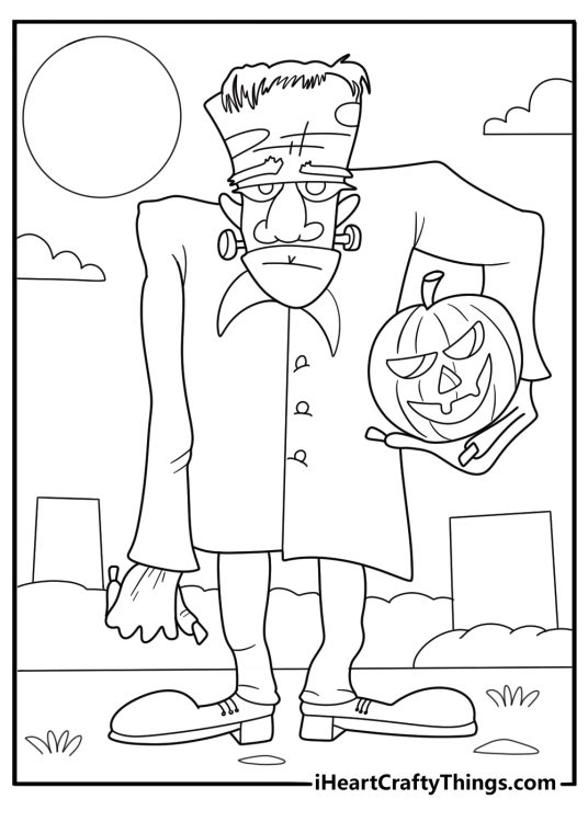 frankenstein holding a pumpkin lantern halloween cartoon coloring page