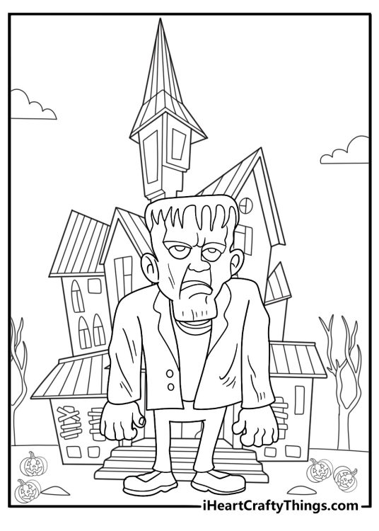 frankenstein in a haunted house halloween themed coloring page