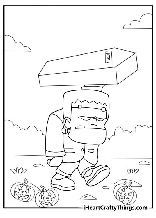 frankenstein monster carrying a coffin halloween coloring page