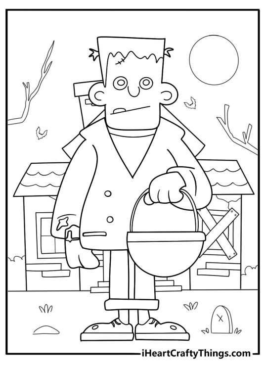 frankenstein monster holding a trick or treat bag cartoon coloring sheet