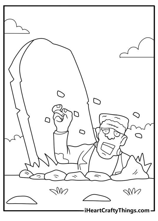 frankenstein monster rising from a grave spooky coloring sheet