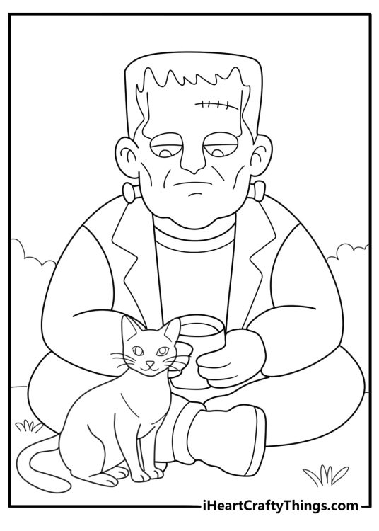 frankenstein monster sitting with a black cat cartoon coloring sheet