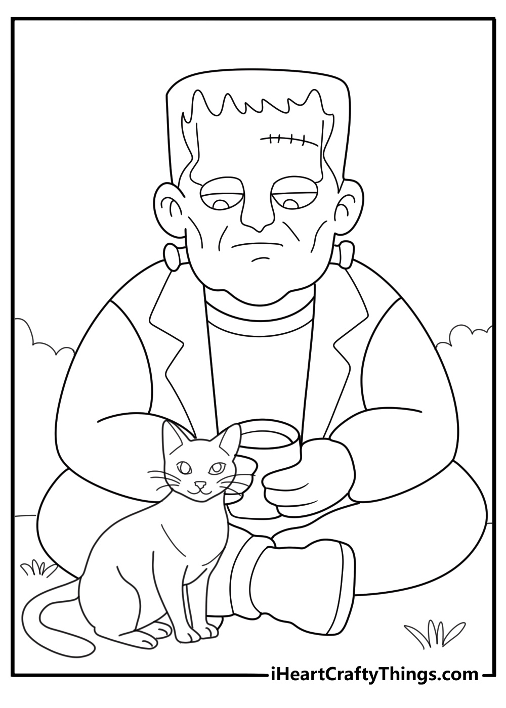 frankenstein monster sitting with a black cat cartoon coloring sheet