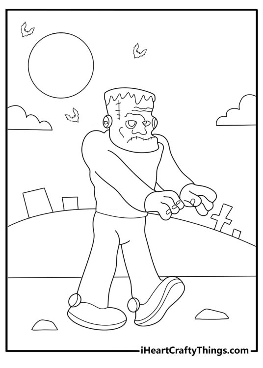 frankenstein monster walking with arms stretched easy coloring page for kids